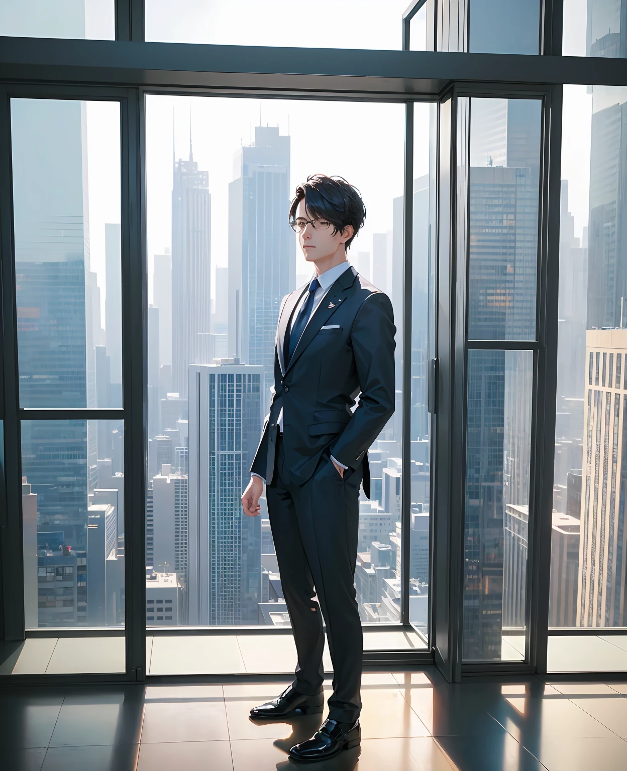 a young ceo man, business suit, confident expression, standing in a modern office, glass windows, cityscape background, (best quality,4k,8k,highres,masterpiece:1.2),ultra-detailed,(realistic,photorealistic,photo-realistic:1.37),sharp focus,studio lighting,professional,vivid colors