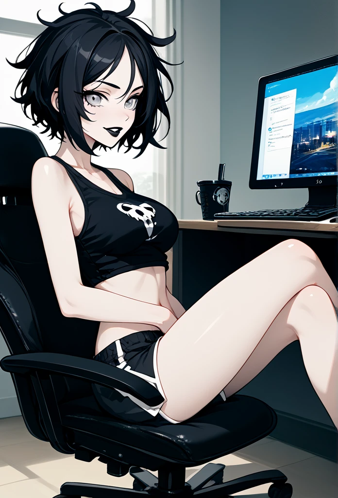 mature woman, goth, hot face, black lipstick, tongue out, teasing expression, seductive grin, hot face, (sharp eyes), gray eyes, short hair, messy hair, black hair, slim body, medium breast, short pants, hot pants, black clothes, midriff, sitting down, (sitting on rolling chair, sitting in front of a computer, flat schreen computer), crossing legs, view from side, side view, living room, (watching porn) 