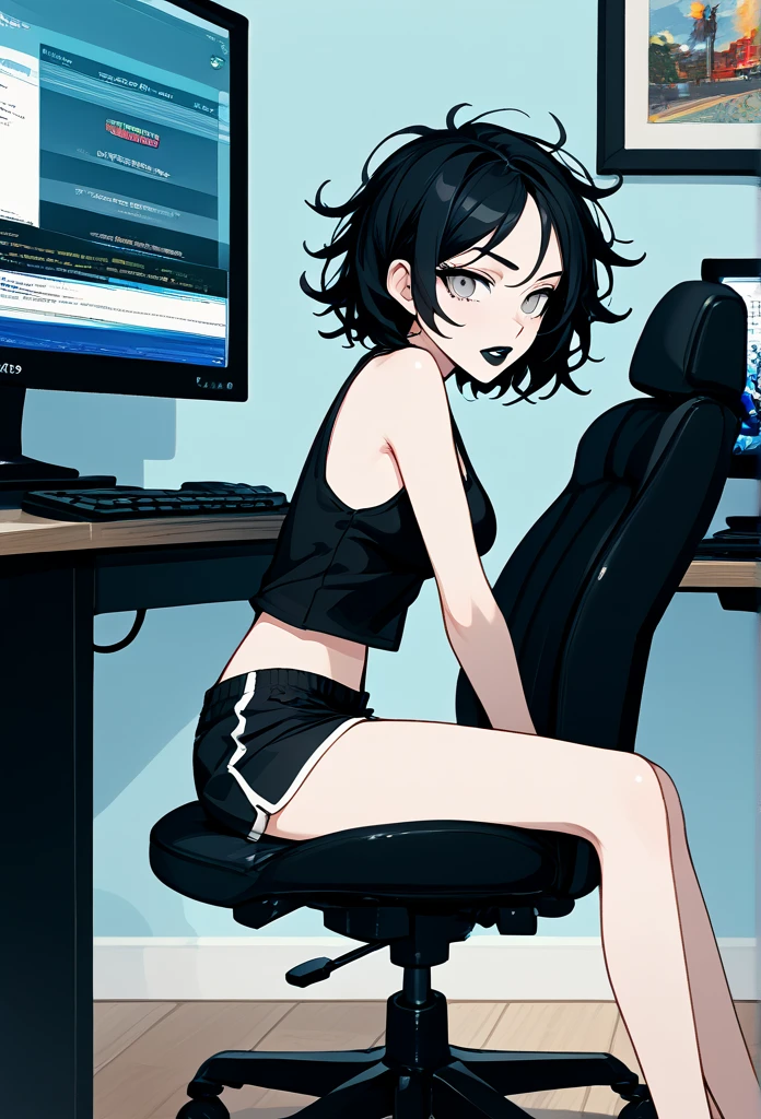 mature woman, goth, hot face, black lipstick, tongue out, teasing expression, seductive grin, hot face, (sharp eyes), gray eyes, short hair, messy hair, black hair, slim body, medium breast, short pants, hot pants, black clothes, midriff, sitting down, (sitting on rolling chair, sitting in front of a computer, flat schreen computer), crossing legs, view from side, side view, living room, (watching porn) 