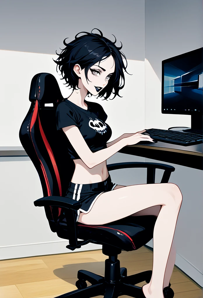 mature woman, goth, hot face, black lipstick, tongue out, teasing expression, seductive grin, hot face, (sharp eyes), gray eyes, short hair, messy hair, black hair, slim body, medium breast, short pants, hot pants, black clothes, midriff, sitting down, (sitting on rolling chair, sitting in front of a computer, flat schreen computer), crossing legs, view from side, side view, living room, (watching porn) 