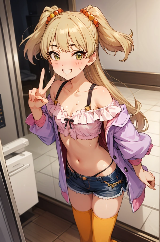 , aarika, long hair, two side up, hair bobbles, small breasts, looking viewer,grin,off shoulder,navel,shorts,thighhighs,(((Gyaru))),indoor,blush,sweating,peace sign,standing