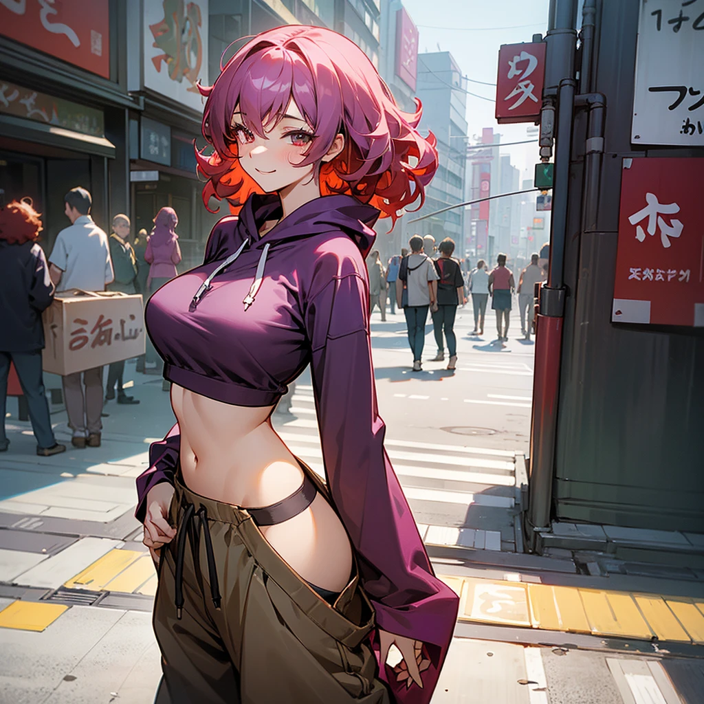 1female, adult, sexy, finely detailed crimson eyes, curly medium hair, eggplant hair color, oversized crop top hoodie, baggy pants, standing on building, day time, tokyo streets, calm expression, smile, flowers