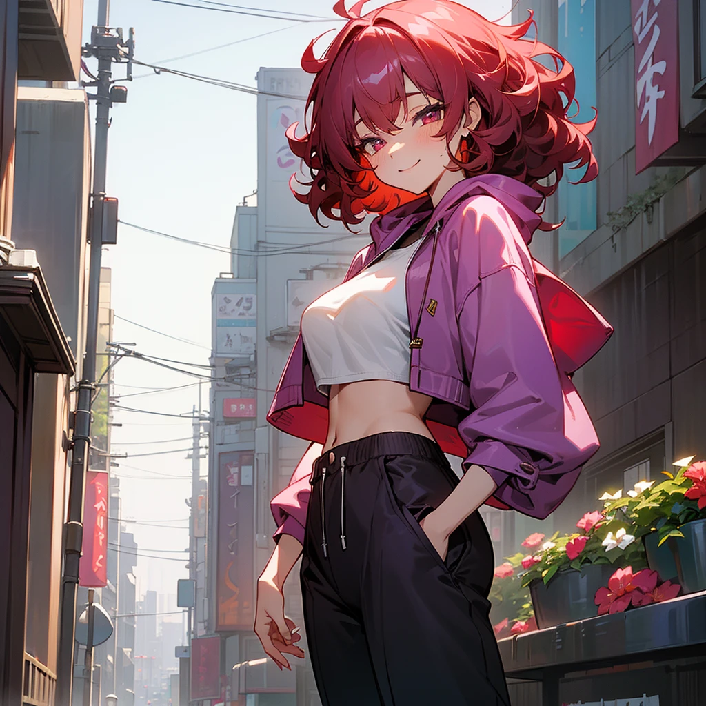 1female, adult, sexy, finely detailed crimson eyes, curly medium hair, eggplant hair color, oversized crop top hoodie, baggy pants, standing on building, day time, tokyo streets, calm expression, smile, flowers
