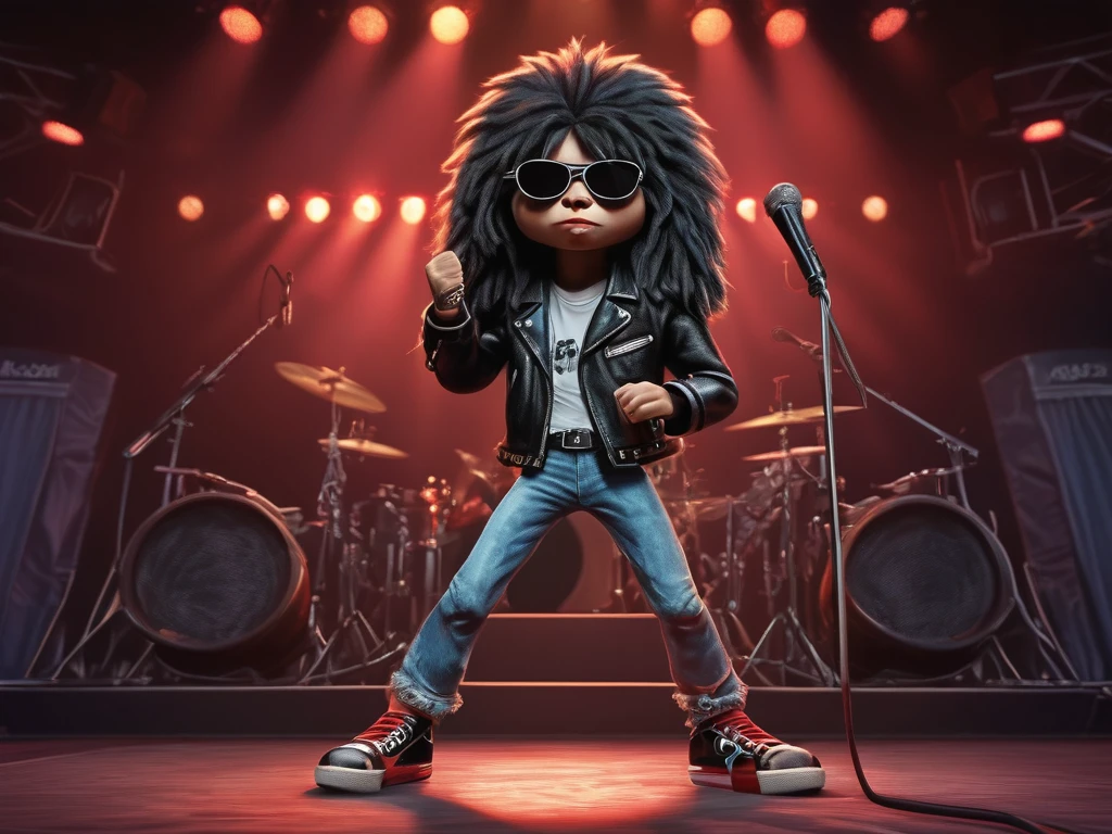 A cat fluffy cartoon digital painting 3d realistic with very longhair black with bangs, cover band Ramones, Joey Ramone singing with microphone in hand, black leather jacket, jeans pants (black sunglasses with oval lenses red) digital painting, All Star shoes in the background concert stage with several lights blue, isometric view, Cinematic, Hyperrealistic, Backlit, Extremely low angle, Highly detailed, scaled down, Unrealistic rendering, 16K