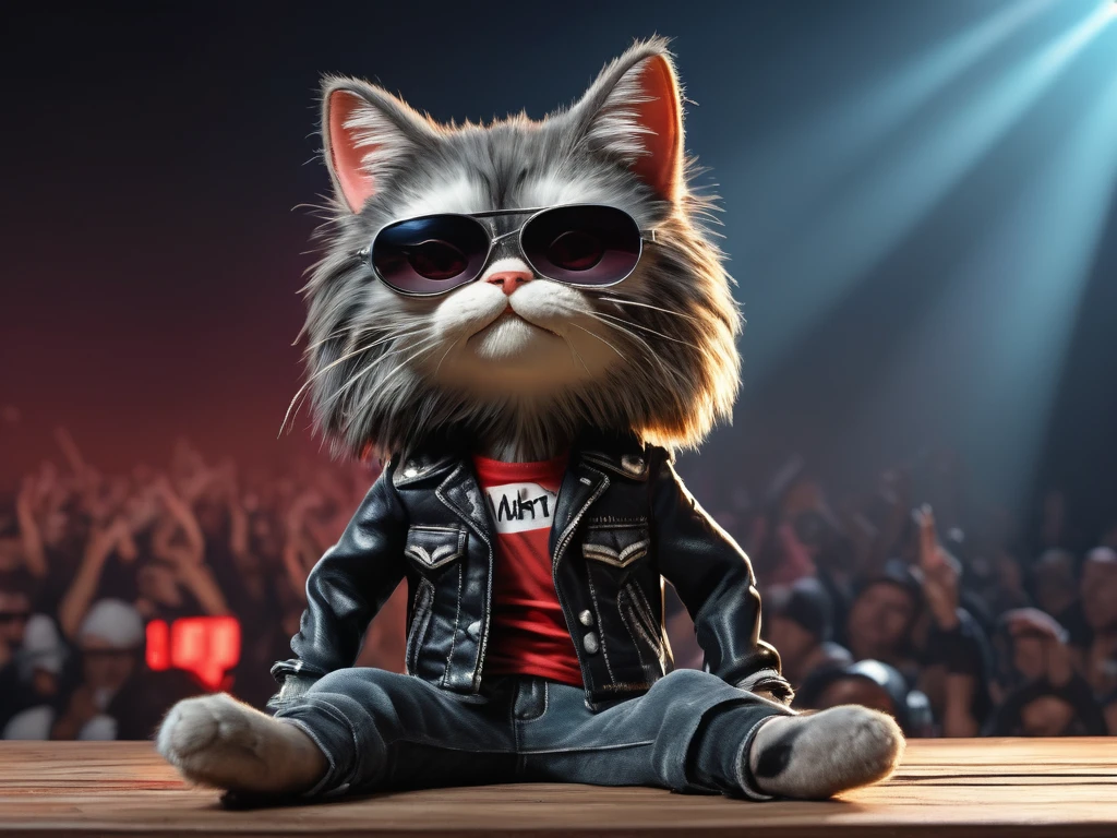 A cat fluffy cartoon digital painting 3d realistic with very longhair black with bangs, cover band Ramones, Joey Ramone singing with microphone in hand, black leather jacket, jeans pants (black sunglasses with oval lenses red) digital painting, All Star shoes in the background concert stage with several lights blue, isometric view, Cinematic, Hyperrealistic, Backlit, Extremely low angle, Highly detailed, scaled down, Unrealistic rendering, 16K