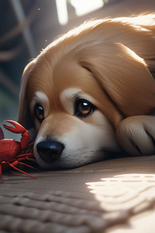 ((Best quality)), ((masterpiece)), (detailed), a shepherd dog with a plush lobster toy