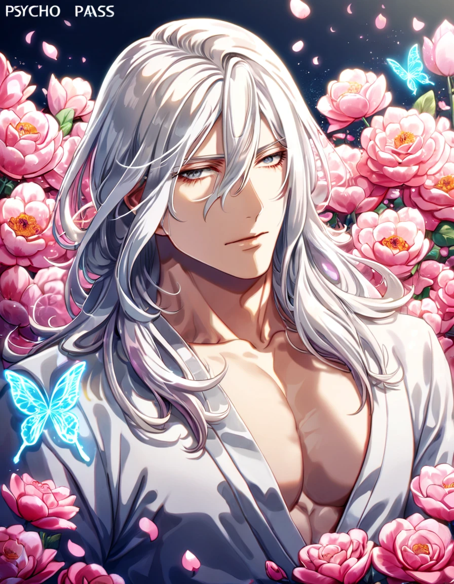 absurdres, highres, ultra detailed, HDR, master piece, best quality, Makishima Shougo, white hair, medium-length hair, expressive gray eyes, psycho pass, solo, sexy man, handsome, white clothes, magical, fantasy, shining, pink flowers, pink blossoms, pink butterflies, pink petals, water