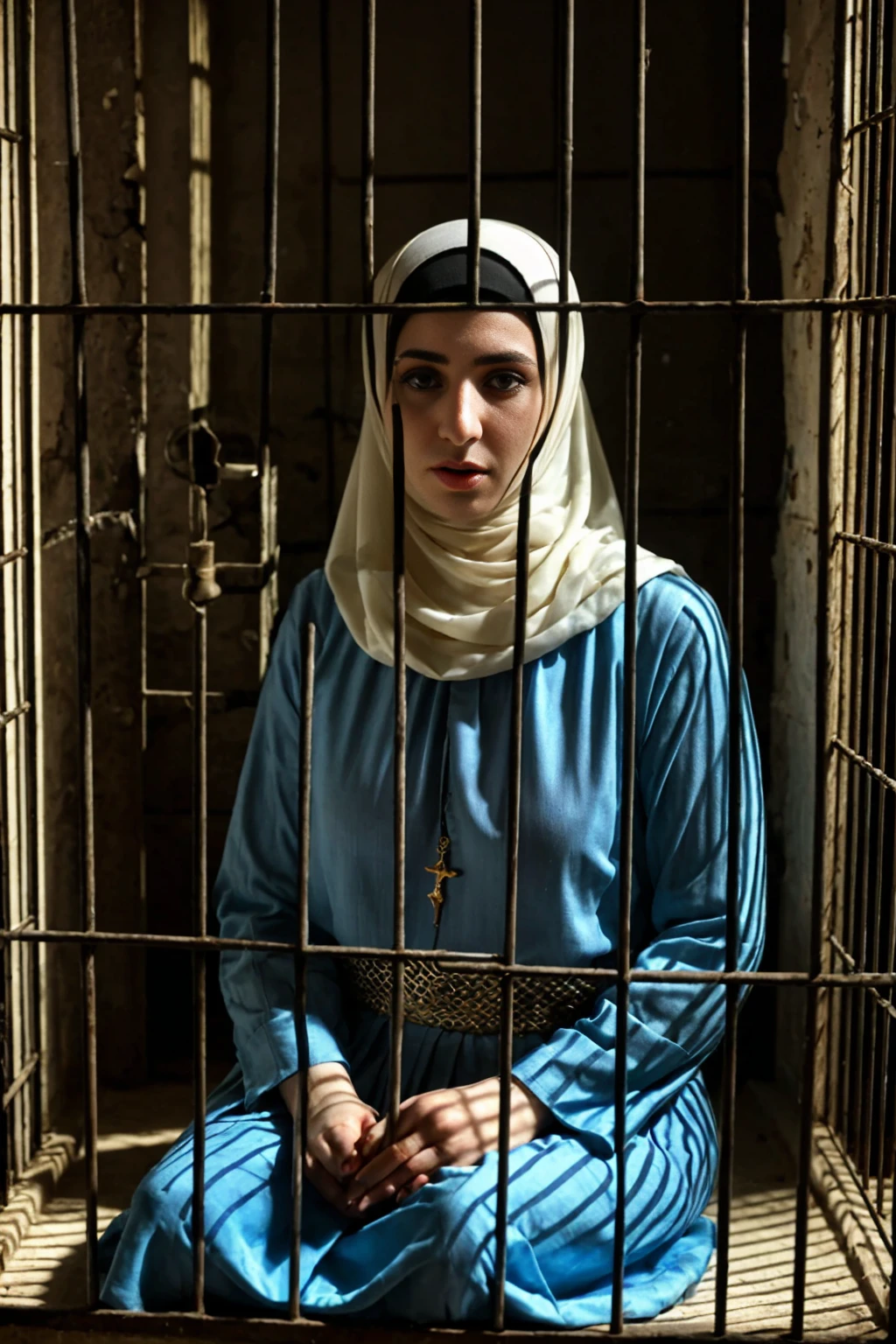 Pale skin Kurdish woman in straight hijab sitting behind shutter prisoned prison cage abandoned room dark room portrait 