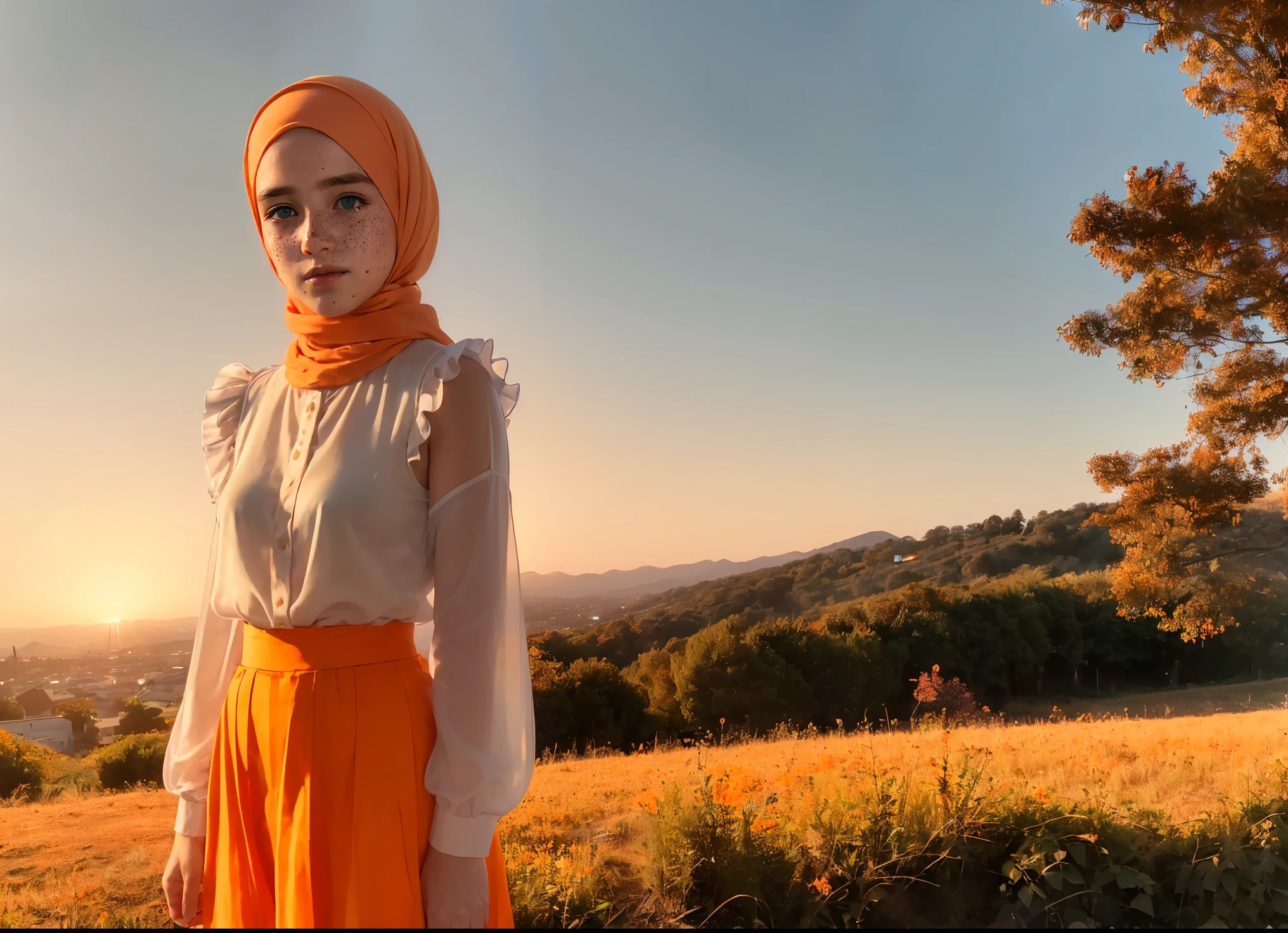 (((realism))), (A young girl leans against a light orange vintage Porsche.:1.7), Focus Girl, ((hijab, See through the white frilly shirt.:1.3), full body, (pink satin maxi skirt:1.2), (sweat)), (Panties stretched out:1.2), 25 years old, (beautiful puffy clouds,  sunset sky), (sunset, lush autumn hill background:1.5), ((small breasts, thin, ร่างกายthin)), (photography, realistic, Bokeh, blur), (Fire Sematic, Weak fire, Detailed light:1.3)