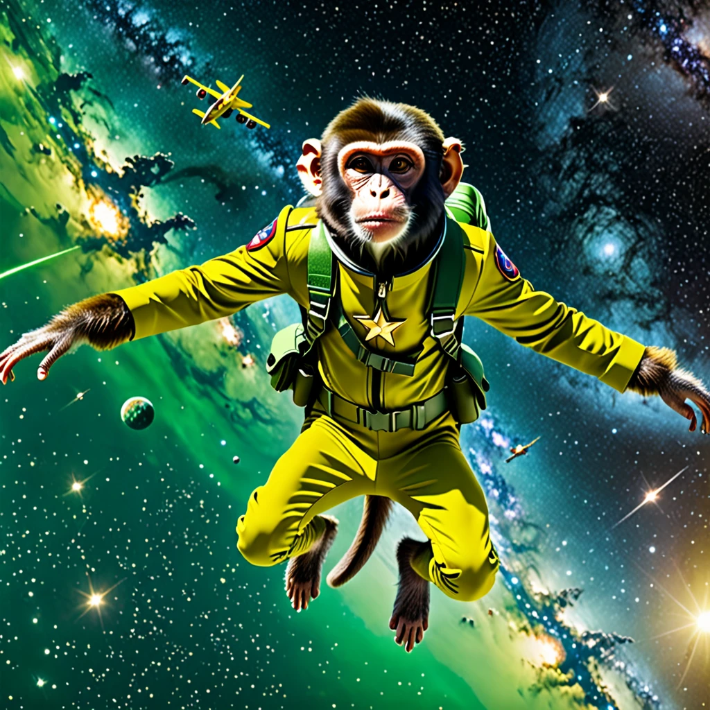 A monkey flying in the galaxy with fascist dictator clothes, militay clothes, yellow and green clothes, Brazilian monkey, galaxy, ultra quality, 8K, perfect details, cinematic light, afrofuturism