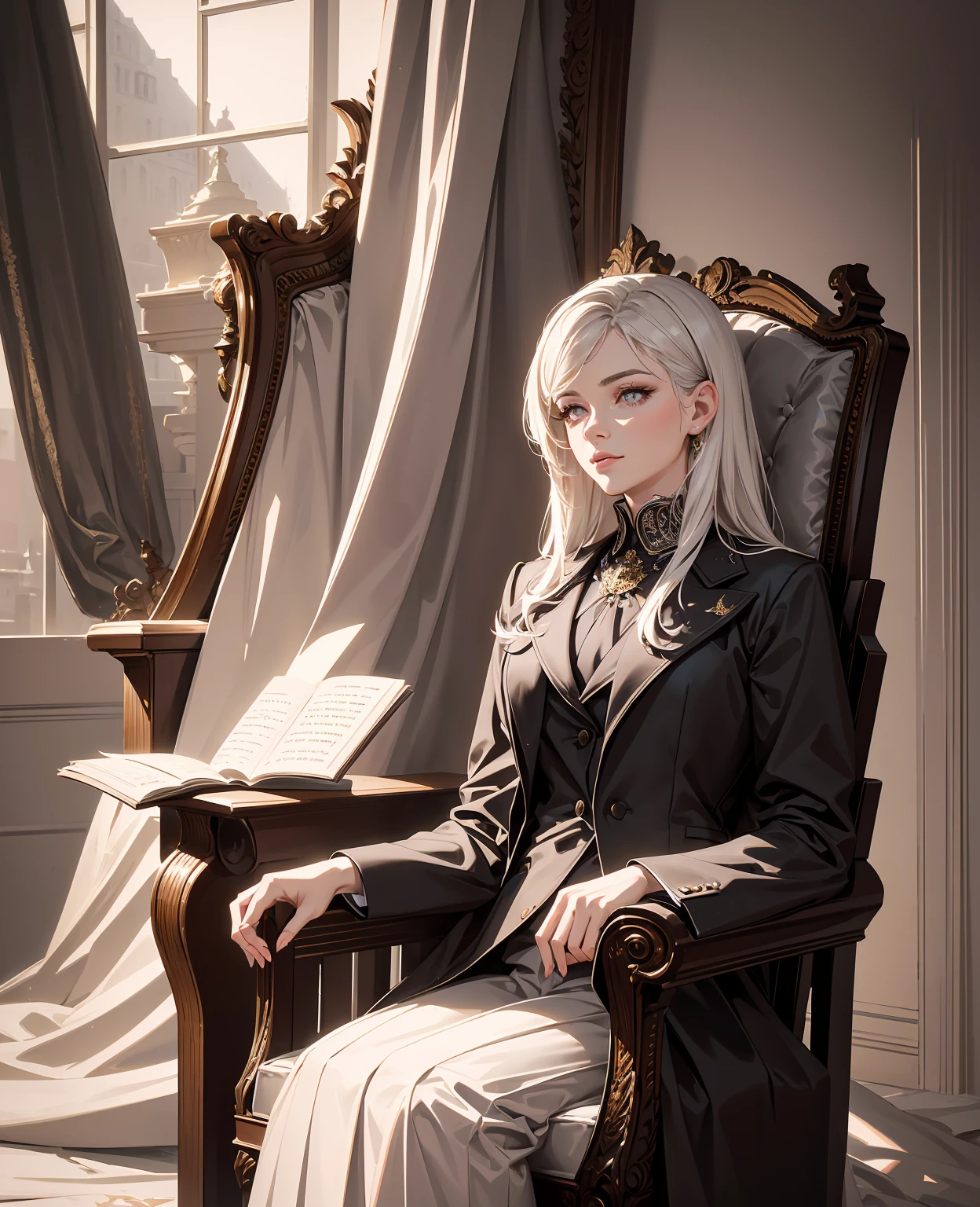 detailed portrait of a young CEO man sitting in a chair like a boss, elegant woman in white dress standing by his side, beautiful detailed eyes, beautiful detailed lips, extremely detailed face, long eyelashes, professional studio lighting, high quality, photorealistic, intricate details, warm color tones, cinematic lighting