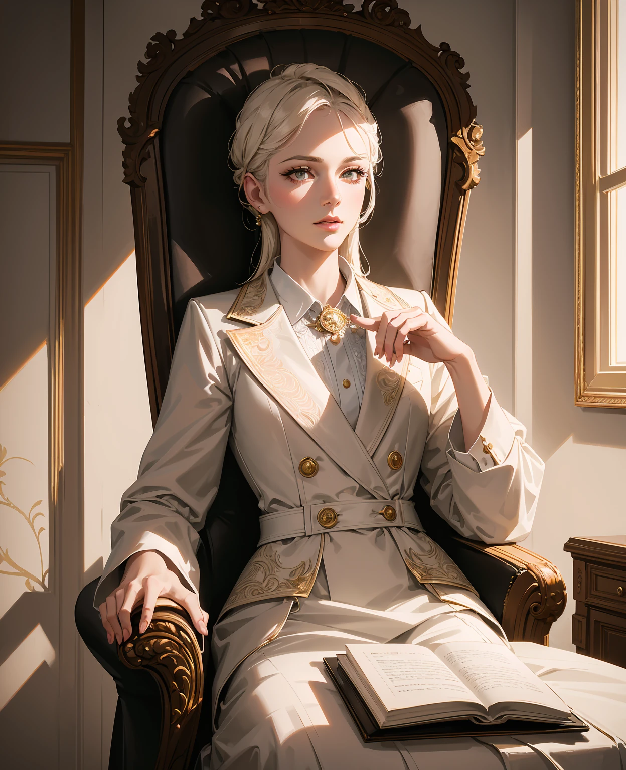 detailed portrait of a young CEO man sitting in a chair like a boss, elegant woman in white dress standing by his side, beautiful detailed eyes, beautiful detailed lips, extremely detailed face, long eyelashes, professional studio lighting, high quality, photorealistic, intricate details, warm color tones, cinematic lighting