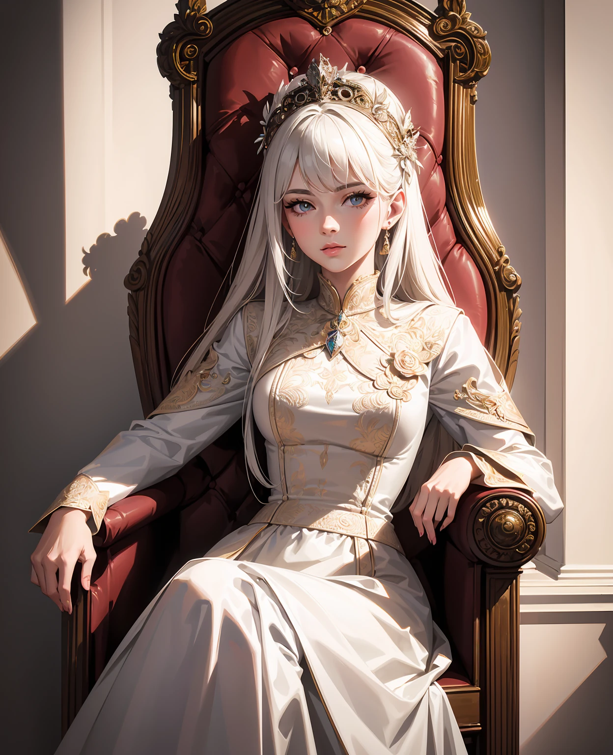 detailed portrait of a young CEO man sitting in a chair like a boss, elegant woman in white dress standing by his side, beautiful detailed eyes, beautiful detailed lips, extremely detailed face, long eyelashes, professional studio lighting, high quality, photorealistic, intricate details, warm color tones, cinematic lighting