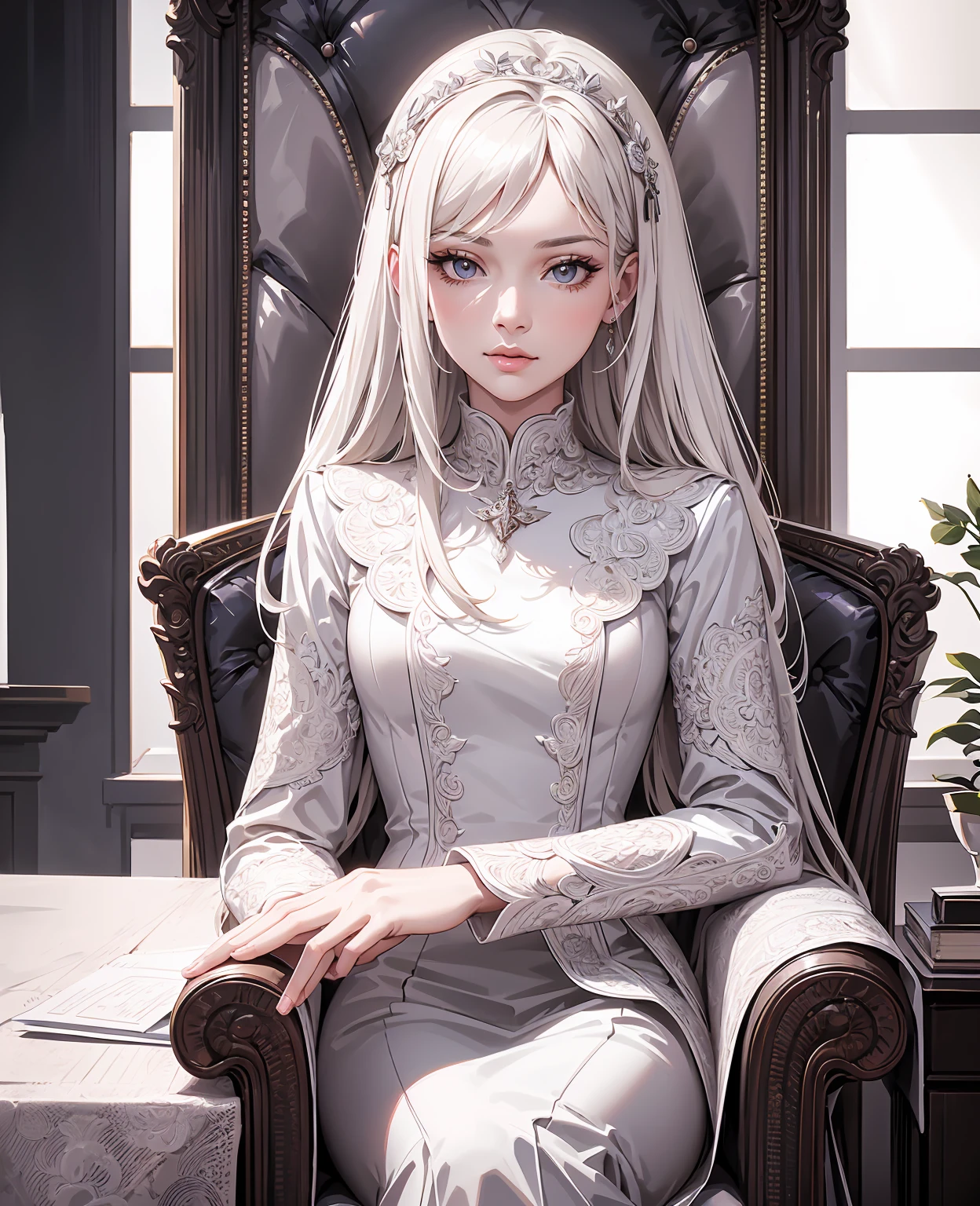 detailed portrait of a young CEO man sitting in a chair like a boss, elegant woman in white dress standing by his side, beautiful detailed eyes, beautiful detailed lips, extremely detailed face, long eyelashes, professional studio lighting, high quality, photorealistic, intricate details, warm color tones, cinematic lighting