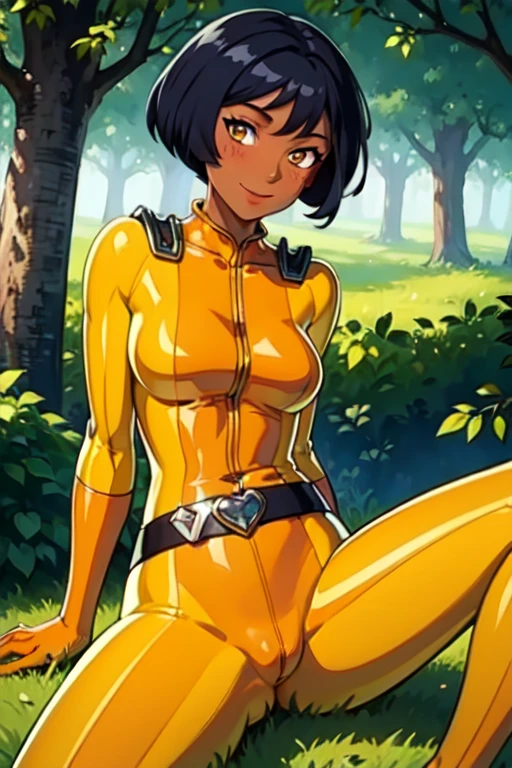 (masterpiece, best quality, ultra-detailed), AlexTS, (dark skin:1.2), yellow eyes, black hair, short hair, medium breasts, yellow bodysuit, belt, gloves, long sleeve, sitting on grass, trees, smile