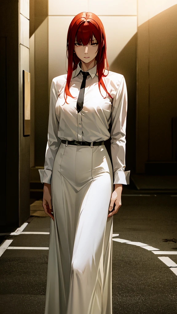 Makima from Chainsaw Man, depicted in a realistic style. She is a woman with long red hair and bangs, wearing a white dress shirt, black pants, and a black tie. She has a calm and composed expression, standing in a confident pose. The background is dark and eerie, with a realistic urban setting, perhaps with dim streetlights and shadows. The atmosphere is intense and dramatic, capturing her character's complexity and power in a realistic manner.