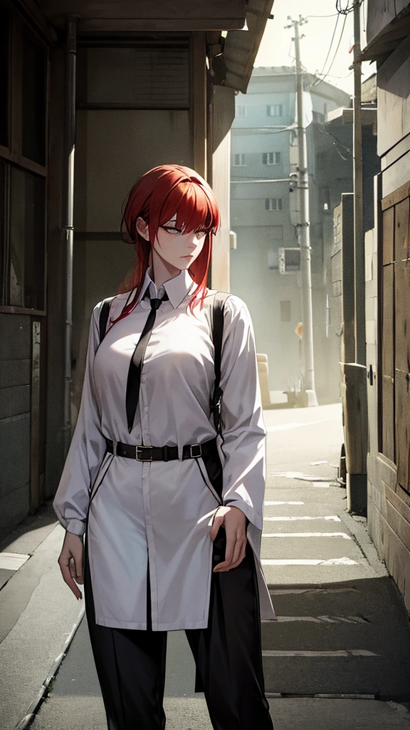 Makima from Chainsaw Man, depicted in a realistic style. She is a woman with long red hair and bangs, wearing a white dress shirt, black pants, and a black tie. She has a calm and composed expression, standing in a confident pose. The background is dark and eerie, with a realistic urban setting, perhaps with dim streetlights and shadows. The atmosphere is intense and dramatic, capturing her character's complexity and power in a realistic manner.