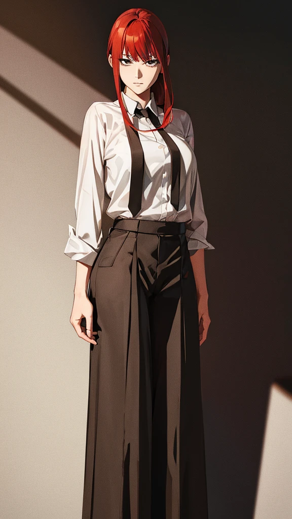 Makima from Chainsaw Man, depicted in a realistic style. She is a woman with long red hair and bangs, wearing a white dress shirt, black pants, and a black tie. She has a calm and composed expression, standing in a confident pose. The background is dark and eerie, with a realistic urban setting, perhaps with dim streetlights and shadows. The atmosphere is intense and dramatic, capturing her character's complexity and power in a realistic manner.