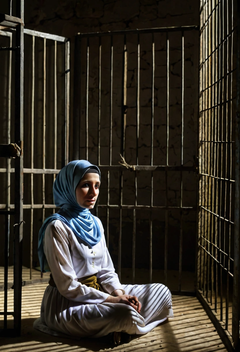Pale skin Kurdish woman in straight hijab sitting behind shutter prisoned prison cage abandoned room dark room portrait