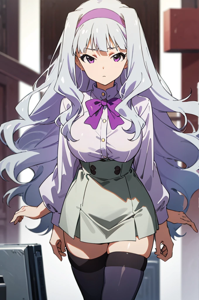 (((pixel-perfect, detail-perfect))), solo, 1girl, takane shijou, purple hairband, big , shirt, bow, looking at viewer, huge breasts,thighhighs,high waist miniskirt,