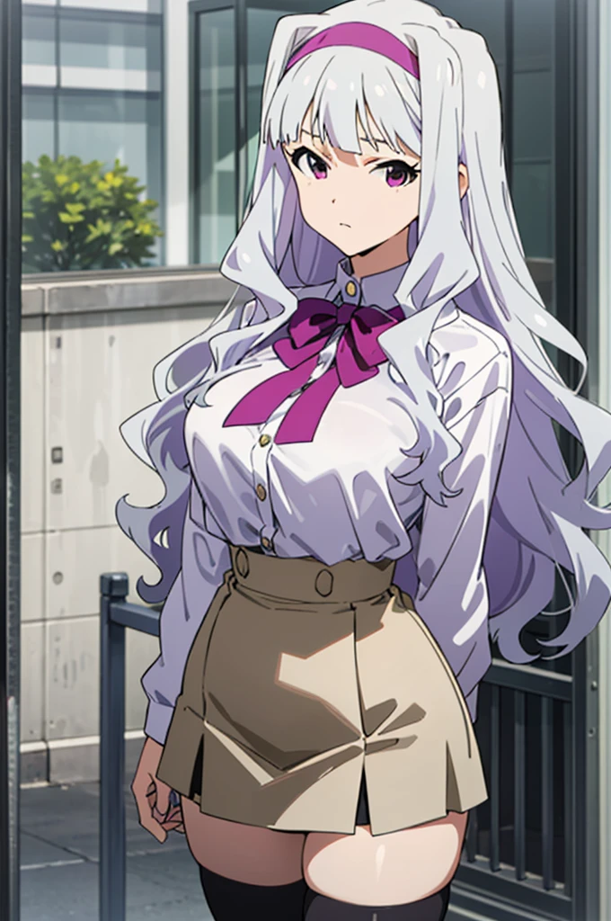 (((pixel-perfect, detail-perfect))), solo, 1girl, takane shijou, purple hairband, big , shirt, bow, looking at viewer, huge breasts,thighhighs,high waist miniskirt,