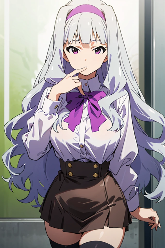 (((pixel-perfect, detail-perfect))), solo, 1girl, takane shijou, purple hairband, big , shirt, bow, looking at viewer, huge breasts,thighhighs,high waist miniskirt,