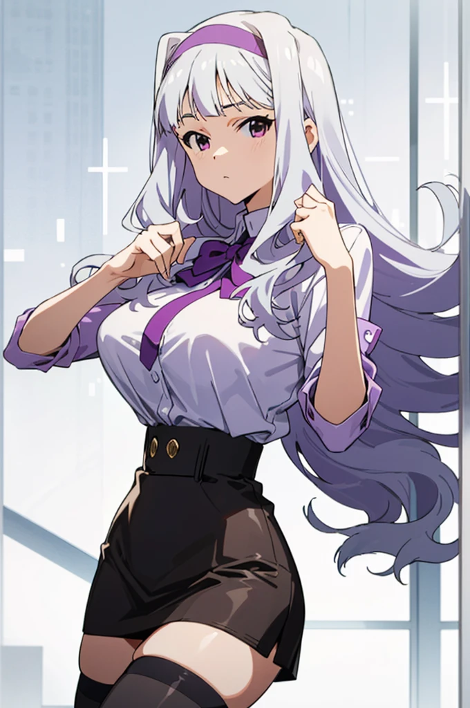 (((pixel-perfect, detail-perfect))), solo, 1girl, takane shijou, purple hairband, big , shirt, bow, looking at viewer, huge breasts,thighhighs,high waist miniskirt,