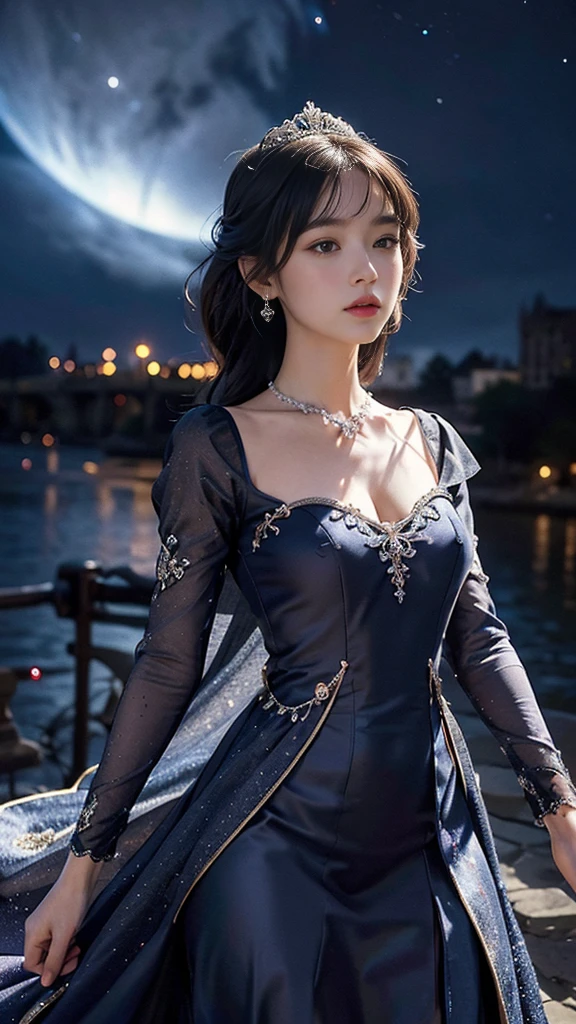 a solo beautiful princess, elegant, detailed, pretty, ), (romanesque background), (night sky), elegant detailed dress), (masterpiece), (good anatomy),