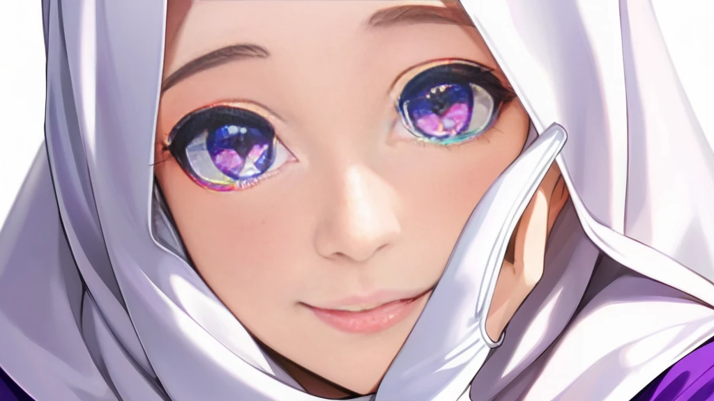 High-resolution anime digital art, Masterpiece, 1 Female, Tomboy, Mature, Humble, Kind, Smart, pupil purple eyes, wearing white hijab, Wearing long purple dress, Women's white fabric gloves, happy face, vivid colours, white plain background.