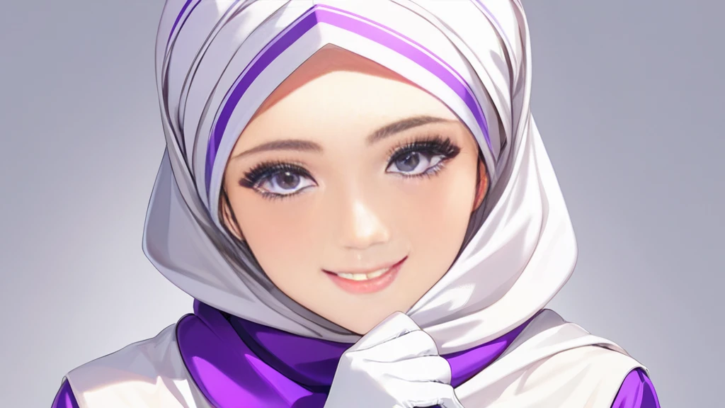 High-resolution anime digital art, Masterpiece, 1 Female, Tomboy, Mature, Humble, Kind, Smart, pupil purple eyes, wearing white hijab, Wearing long purple dress, Women's white fabric gloves, happy face, vivid colours, white plain background.