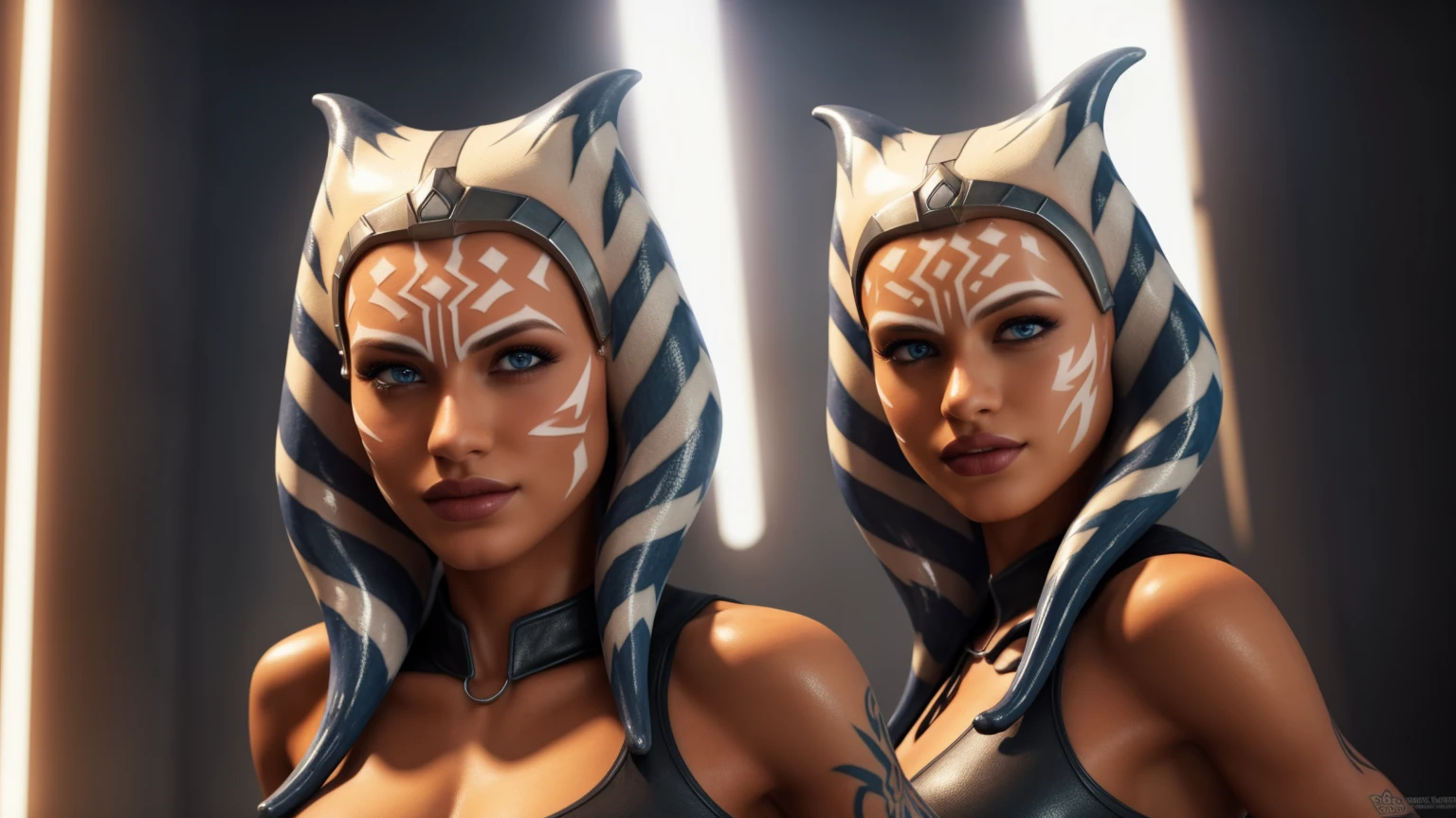 masterpiece, (dynamic lighting:1.3), ultra-detailed, aroused face, perfect face, mature female, medium breast,ahsoka_tano, facial mark, tattoo, outside, (detailed background, action pose), perfect breasts, pleasure face,