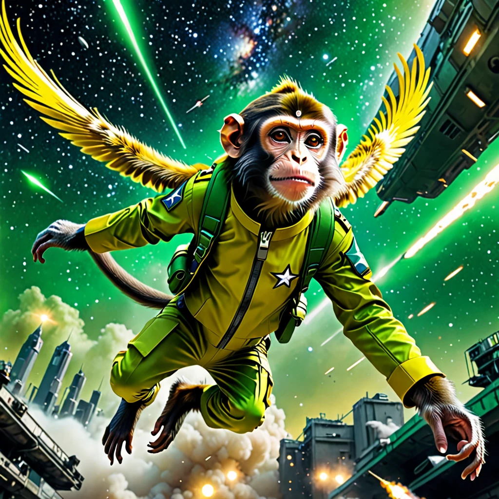 A monkey flying in the galaxy with fascist dictator clothes, militay clothes, yellow and green clothes, Brazilian monkey, galaxy, ultra quality, 8K, perfect details, cinematic light, afrofuturism