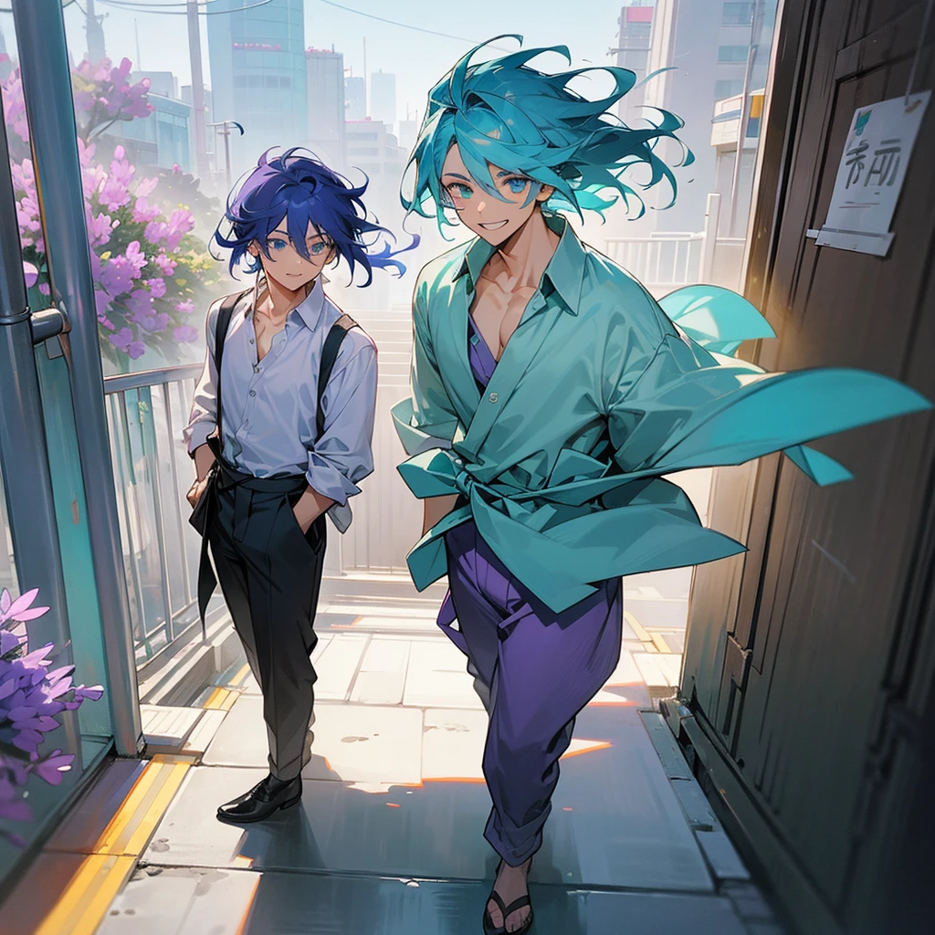 1male, adult, finely detailed aqua eyes, messy medium hair, two tone hair color, lavander hair color, blue hair color, loose dress shirt, loose dress pants, standing on building, day time, tokyo streets, calm expression, muscular, grin
