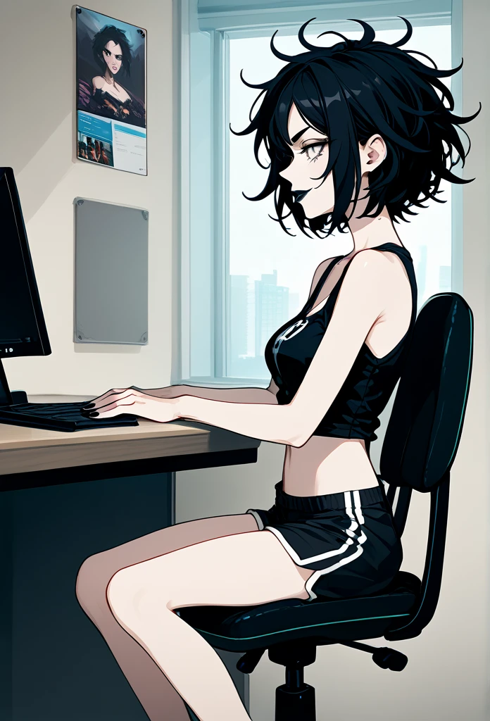 mature woman, goth, hot face, black lipstick, tongue out, teasing expression, seductive grin, hot face, (sharp eyes), gray eyes, short hair, messy hair, black hair, slim body, medium breast, short pants, hot pants, black clothes, midriff, sitting down, (sitting on rolling chair, sitting in front of a computer, flat schreen computer), crossing legs, view from side, side view, living room, (watching porn, porn on computer)