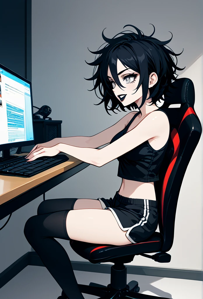 mature woman, goth, hot face, black lipstick, tongue out, teasing expression, seductive grin, hot face, (sharp eyes), gray eyes, short hair, messy hair, black hair, slim body, medium breast, short pants, hot pants, black clothes, midriff, sitting down, (sitting on rolling chair, sitting in front of a computer, flat schreen computer), crossing legs, view from side, side view, living room, (watching porn, porn on computer) 