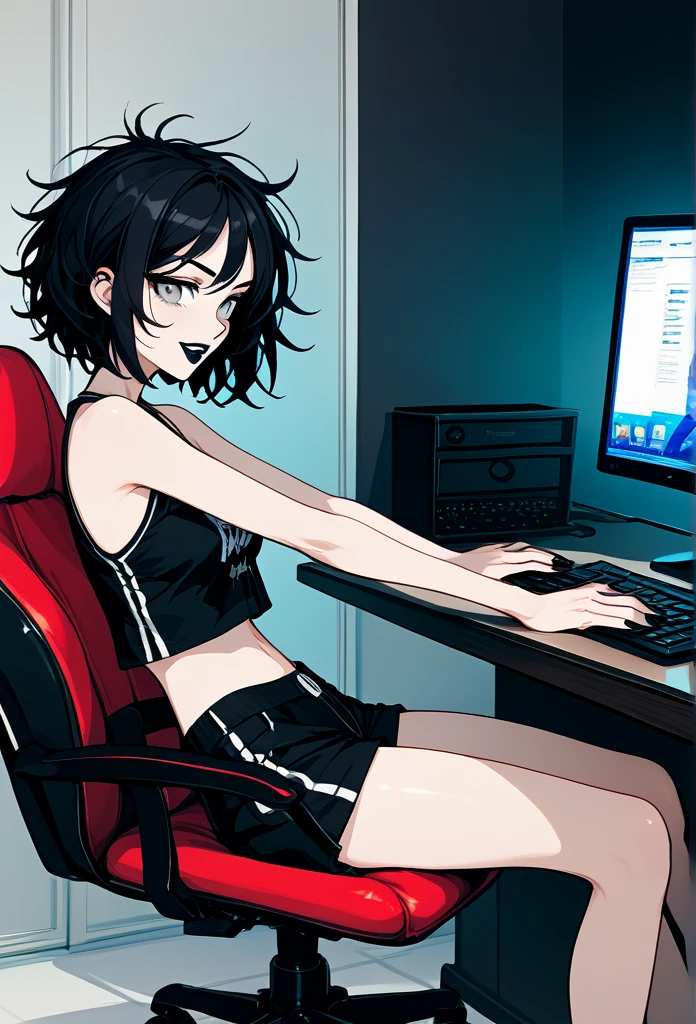 mature woman, goth, hot face, black lipstick, tongue out, teasing expression, seductive grin, hot face, (sharp eyes), gray eyes, short hair, messy hair, black hair, slim body, medium breast, short pants, hot pants, black clothes, midriff, sitting down, (sitting on rolling chair, sitting in front of a computer, flat schreen computer), crossing legs, view from side, side view, living room, (watching porn, porn on computer) 
