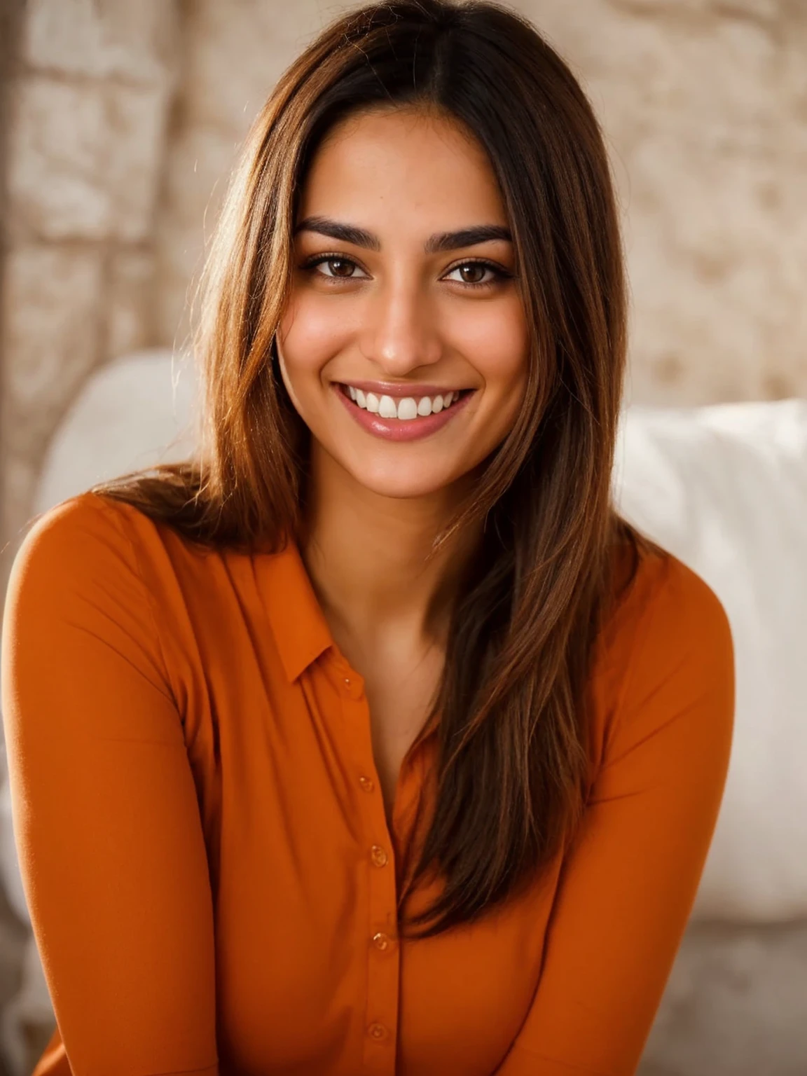 28YO, one women, cute smile, white teethes, Arab, from Jordan, long burnt orange shirt, light brown eyes, nice juicy lips