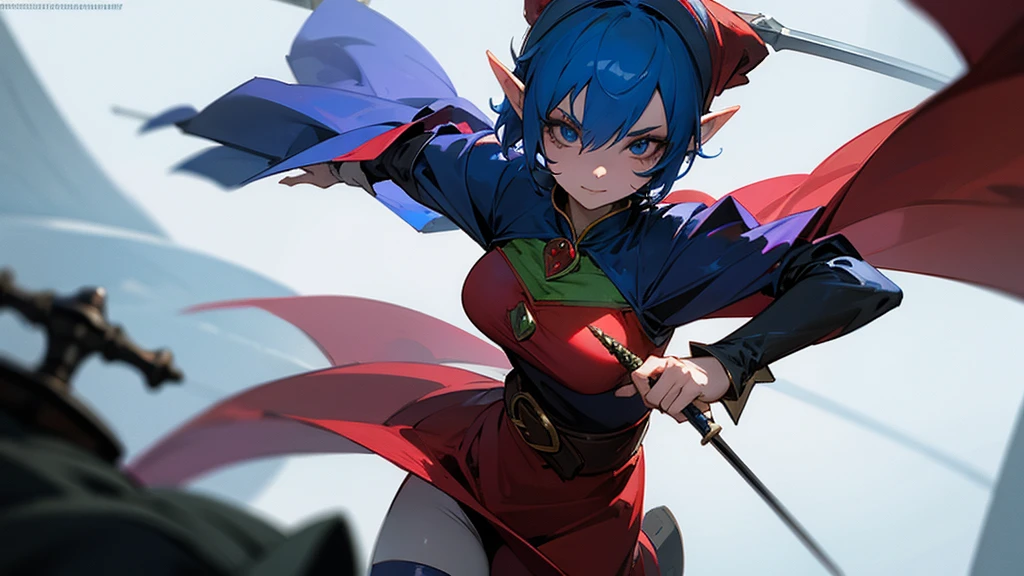 Evil elf girl in a jester costume. kills a knight with a sword.