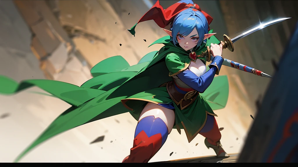 Evil elf girl in a jester costume. kills a knight with a sword.