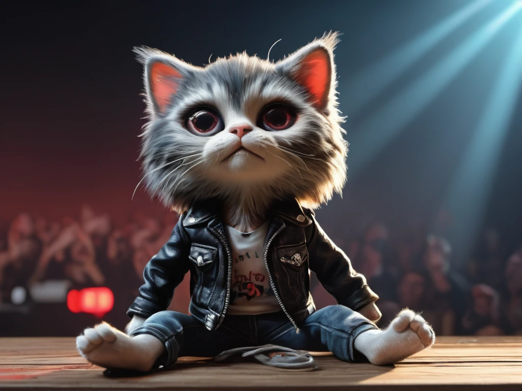 A kitten fluffy cartoon digital painting 3d realistic with very longhair black with bangs, cover band Ramones, Joey Ramone singing with microphone in hand, black leather jacket, jeans pants (black sunglasses with oval lenses red) digital painting, All Star shoes in the background concert stage with several lights blue, isometric view, Cinematic, Hyperrealistic, Backlit, Extremely low angle, Highly detailed, scaled down, Unrealistic rendering, 16K 