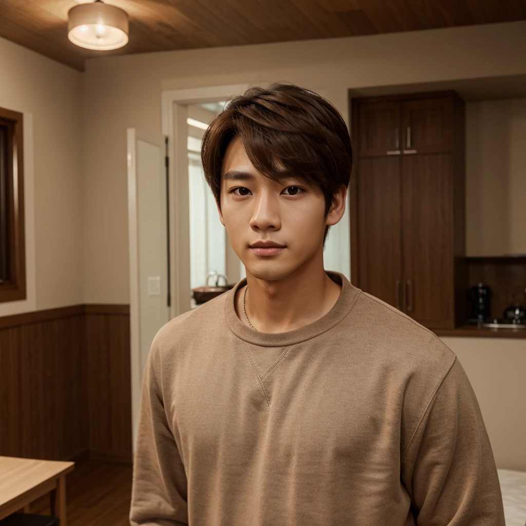 Male character with brown hair, sweatshirts, handsome, Korean, with brown eyes, realistic. There is a room in the background.