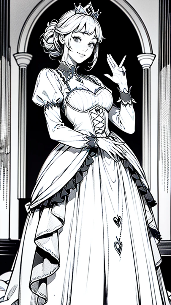 (masterpiece:1.2, Highest quality),(Line art),(Monochrome),(Very detailed),8K,wallpaper,1 female,Cute face,smile,((princess dress)),((betterhand)),Random hairstyle,Random pose,Beautiful female hands,((lineart, monochrome)),BREAK(((princess))),(((heart hands))),((a girl in gothic princess costume standing))