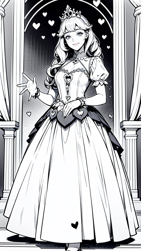 (masterpiece:1.2, Highest quality),(Line art),(Monochrome),(Very detailed),8K,wallpaper,1 female,Cute face,smile,((princess dress)),((betterhand)),Random hairstyle,Random pose,Beautiful female hands,((lineart, monochrome)),BREAK(((princess))),(((heart hands))),((a girl in gothic princess costume standing))
