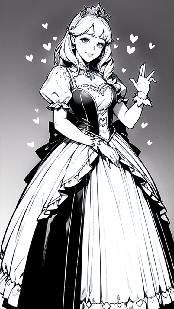 (masterpiece:1.2, Highest quality),(Line art),(Monochrome),(Very detailed),8K,wallpaper,1 female,Cute face,smile,((princess dress)),((betterhand)),Random hairstyle,Random pose,Beautiful female hands,((lineart, monochrome)),BREAK(((princess))),(((heart hands))),((a girl in gothic princess costume standing))