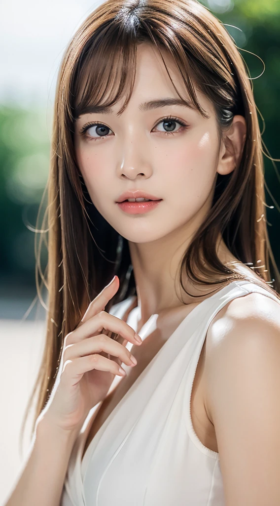 1womanl, up of face, mideum breasts, light brown hair, Blunt bangs, hair behind ear, hair over shoulder, Long hair, slender body shape, Ultra Fine Face, Thin face, Delicate lips, Beautiful eyes, thin blush, eyes are light brown, perfect glossy skin, flawless skin, Glistening sweat,View here, Ultra-thin hands, Ultra-fine fingers, best ratio four finger and one thumb, (realisitic:1.3), See-through white blouse. An amusement park, One-person viewpoint, Fuji Film, F/1.2, 8K, masutepiece, nffsw, Super Detail, High quality, Best Quality, hight resolution