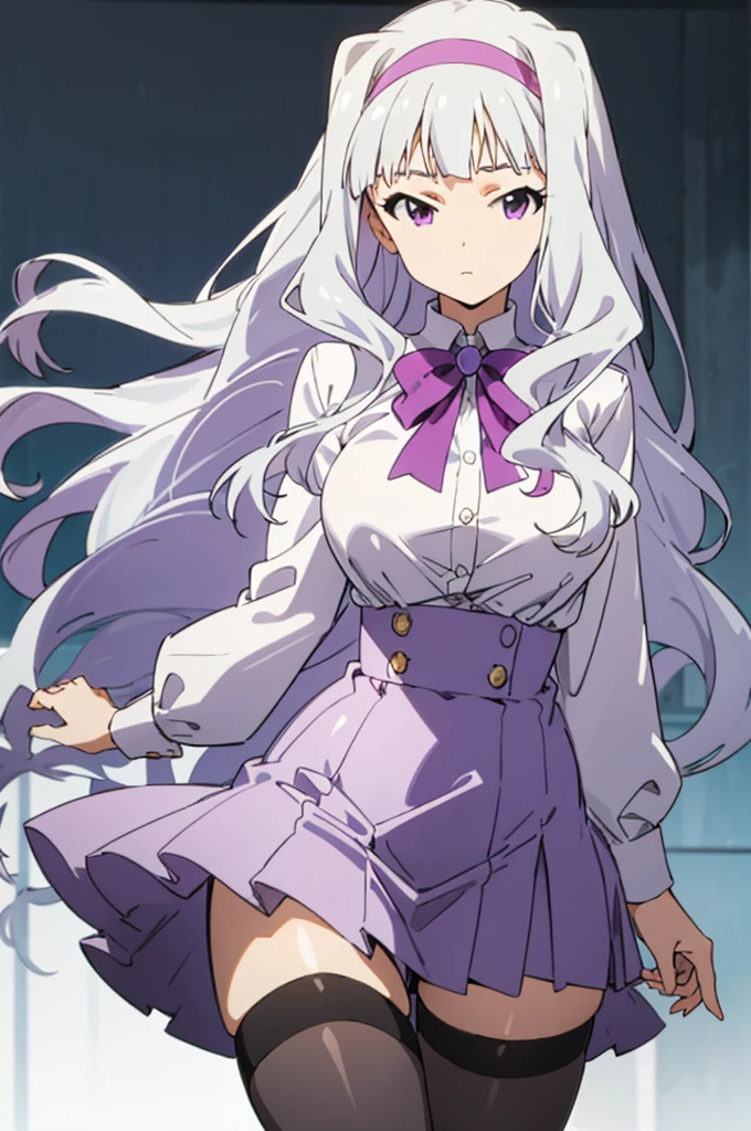 , solo, 1girl, takane shijou, purple hairband, big , shirt, bow, looking at viewer, huge breasts,thighhighs,high waist miniskirt,