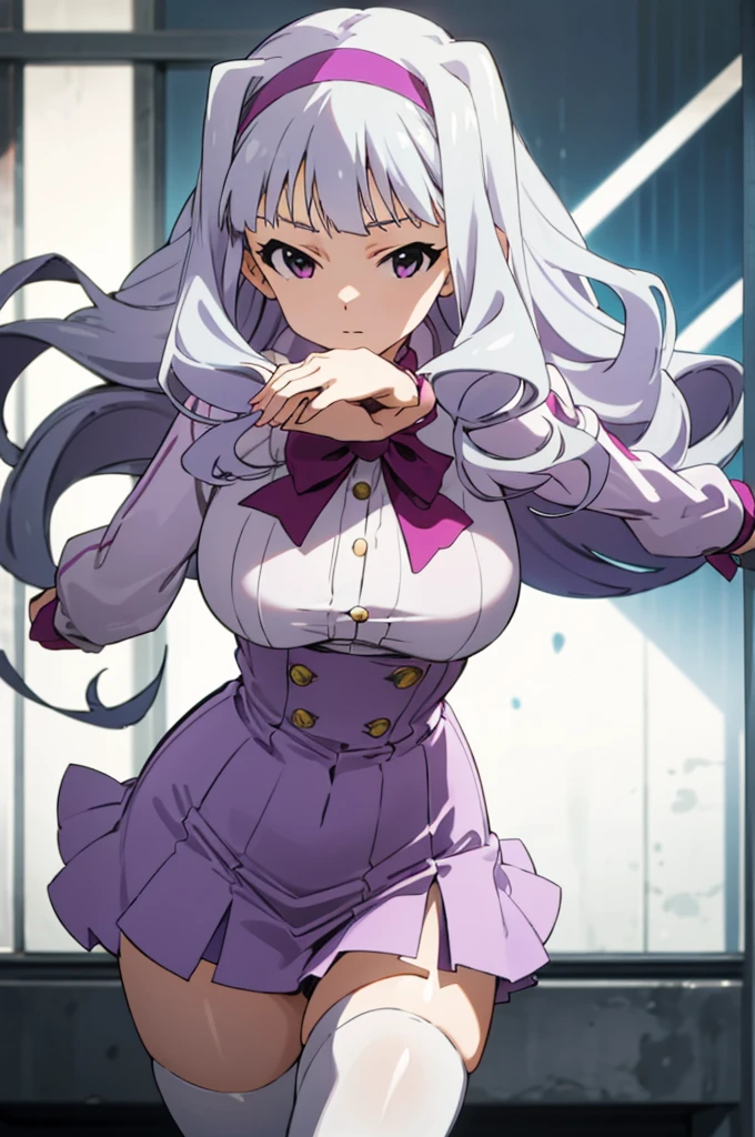 , solo, 1girl, takane shijou, purple hairband, big , shirt, bow, looking at viewer, huge breasts,thighhighs,high waist miniskirt,