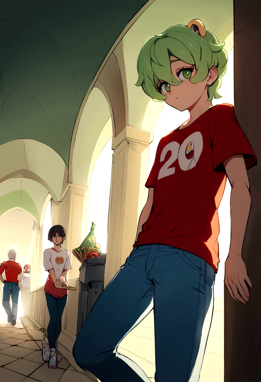 um rapaz, German, 25 anos, olhos verdes, louro,wearing a red t-shirt and jeans, tenis em frente a um pilar com nome de Hanna em um templo acendendo incensos, com um prato de batatas fritas e pizza com uma garrafa de refrigerante de uva