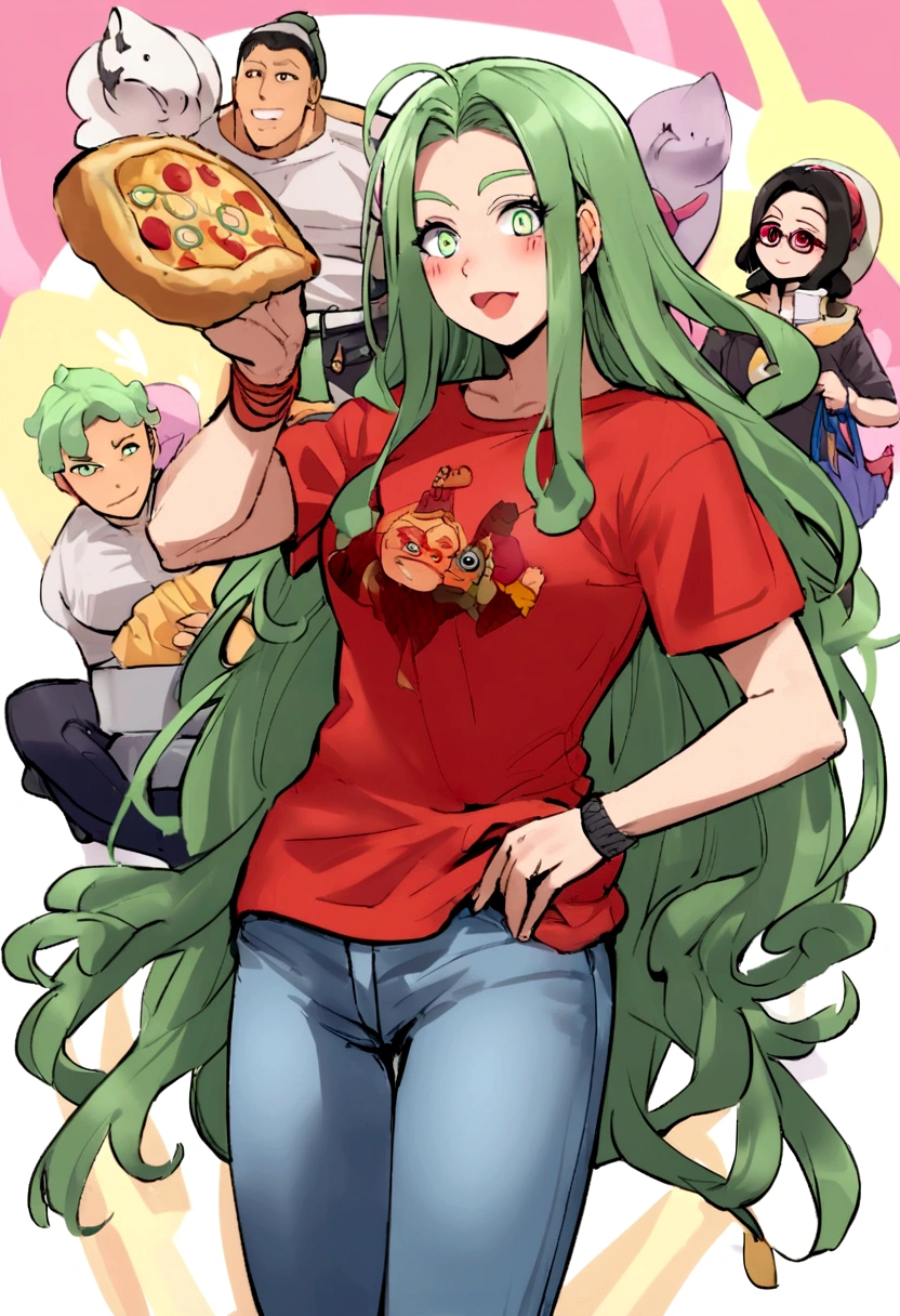 um rapaz, German, 25 anos, olhos verdes, louro,wearing a red t-shirt and jeans, tenis em frente a um pilar com nome de Hanna em um templo acendendo incensos,  com um prato de batatas fritas e pizza com uma garrafa de refrigerante de uva 