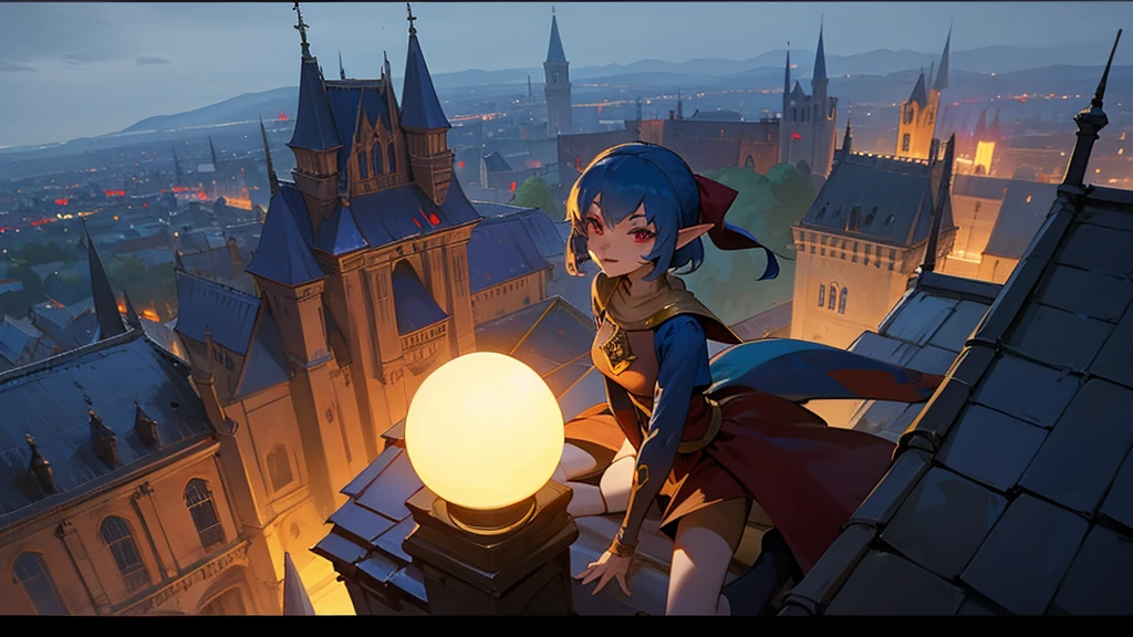 Evil elf girl in a jester costume. on the roof of the castle at night.
